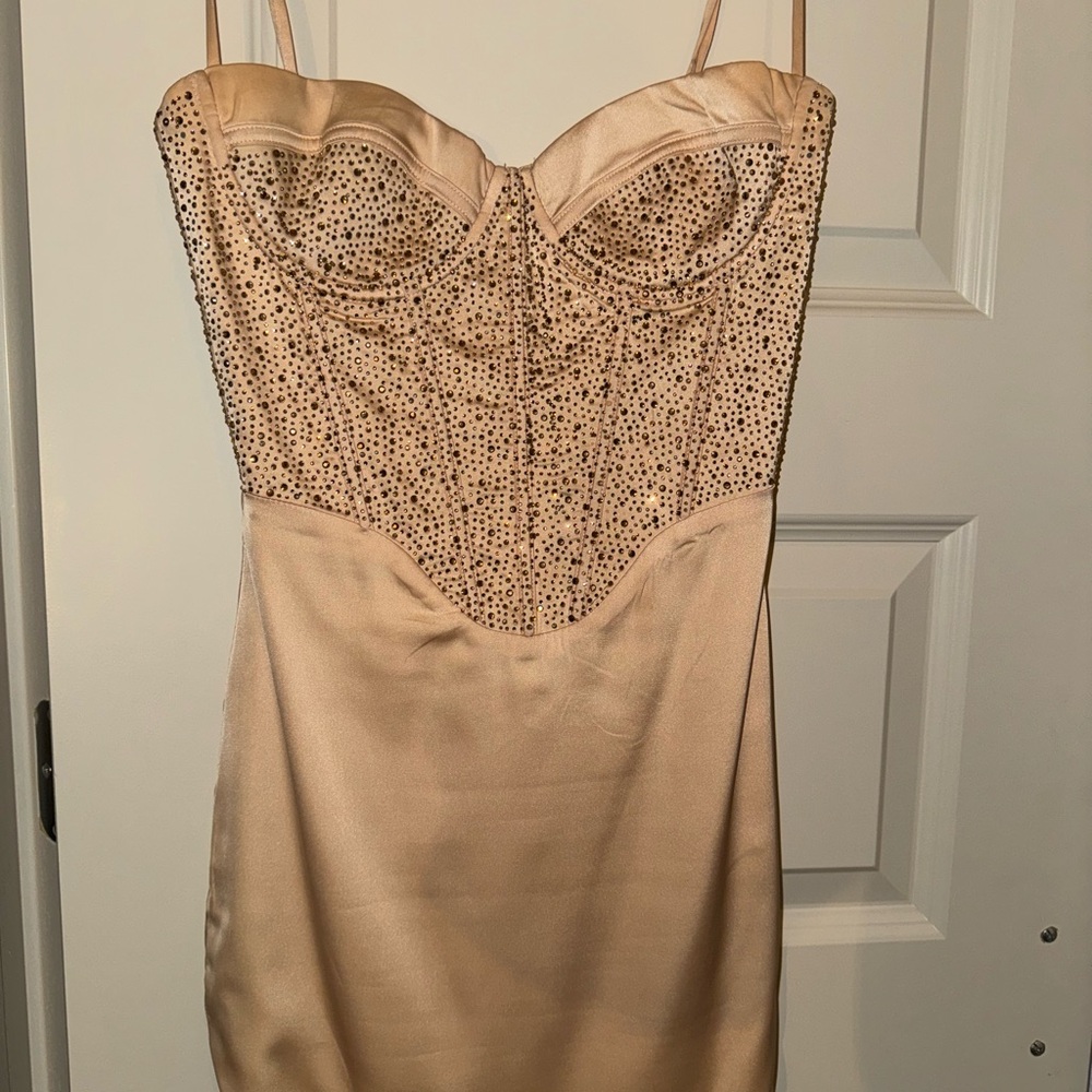 Moonstruck satin embellished mini corset dress in nude